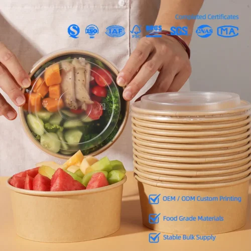 stackable kraft salad bowls with clear lids for fruit salad takeaway packaging