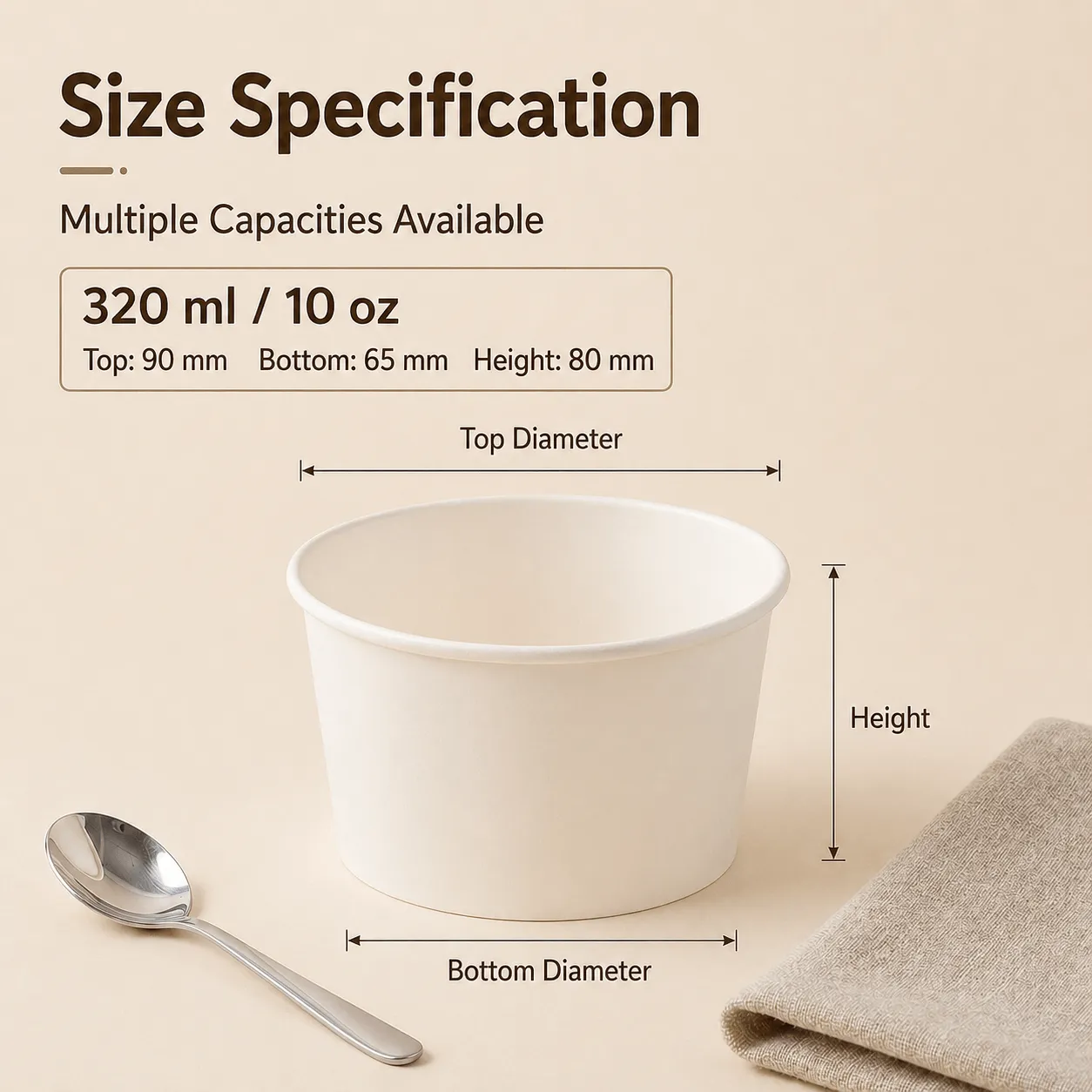 10 oz 320 ml ice cream paper bowl size specification top 90mm bottom 65mm height 80mm