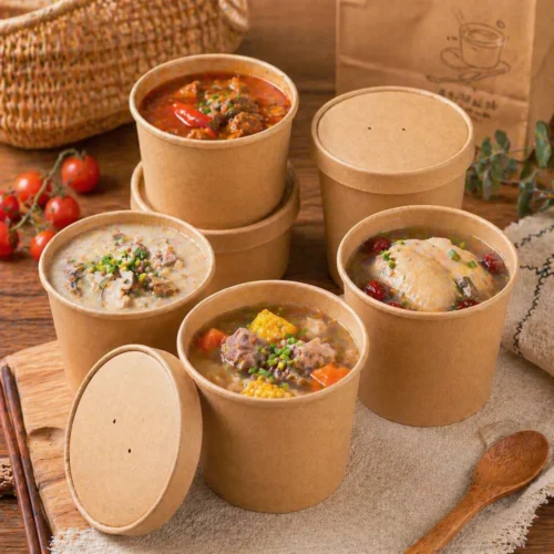 paper bowl manufacturer – kraft paper soup bowls with vent lids, wholesale food packaging for hot soup takeaway